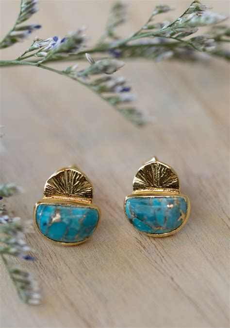 Copper Turquoise Stud Earrings Gold Plated K Post Etsy