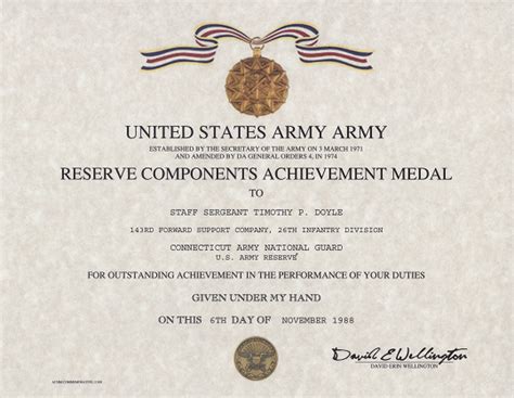 Army Reserve Components Achievement Medal Certificate