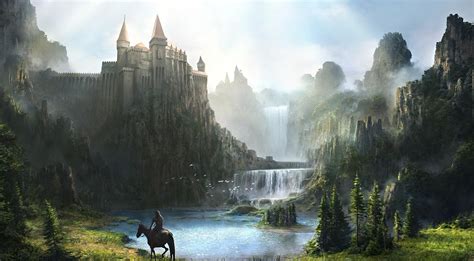 Download Wallpaper Castle Waterfall Mountains Green Horseman Hd
