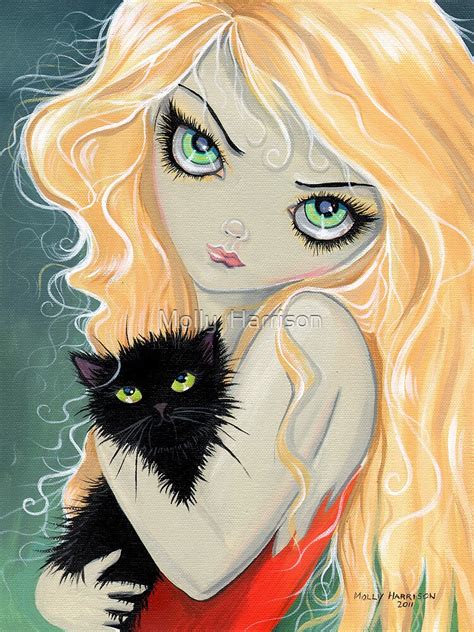 Big Eye Blonde Girl With Black Cat By Molly Harrison By