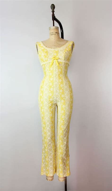 vintage 60s lace jumpsuit 1960s mod yellow jumpsuit fitted jumpsuit spring summer jumpsuit