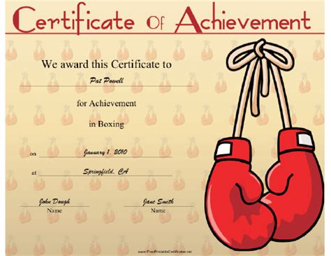 This Boxing Achievement Certificate Features A Motif Using A Pair Of