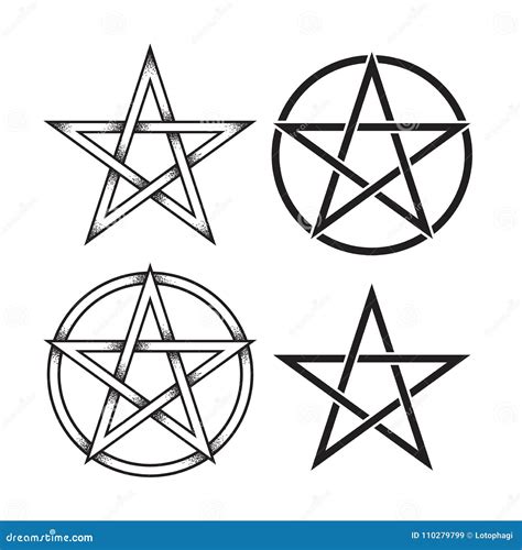 Set Of Pentagram Or Pentalpha Or Pentangle Hand Drawn Dot Work Ancient