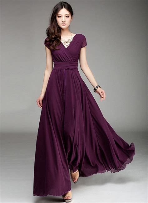 Cap Sleeve Purple Maxi Dress With V Neck And Ruched Waist Yoke Rm157 Chiffon Dress Long High