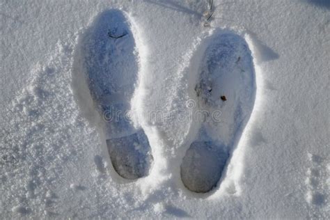 Foot Steps On Snow Ground On A Fresh Snowy Day Of Winter Stock Photo