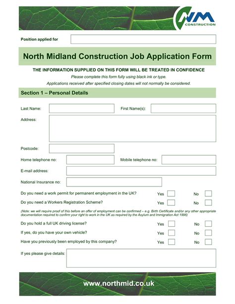Downloadable Job Application Form Template Uk Free Documents