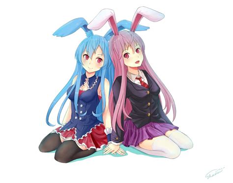 2girls Aliasing Animal Ears Blue Hair Bunny Ears Bunnygirl Crossover