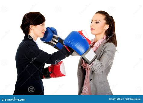 Two Business Women With Boxing Gloves Fighting Stock Photo Image Of
