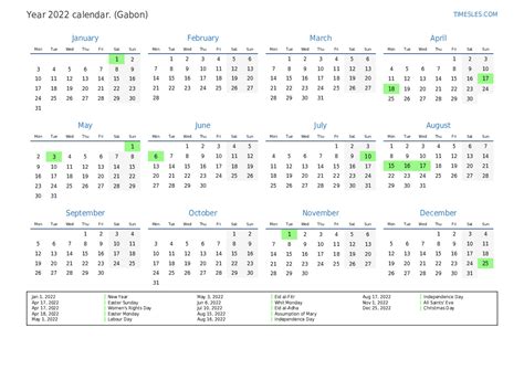 Calendar For 2022 With Holidays In Gabon Print And Download Calendar