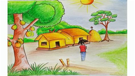 The village market is the old tradition of our country. How to draw a scenery of summer season Step by step (very ...