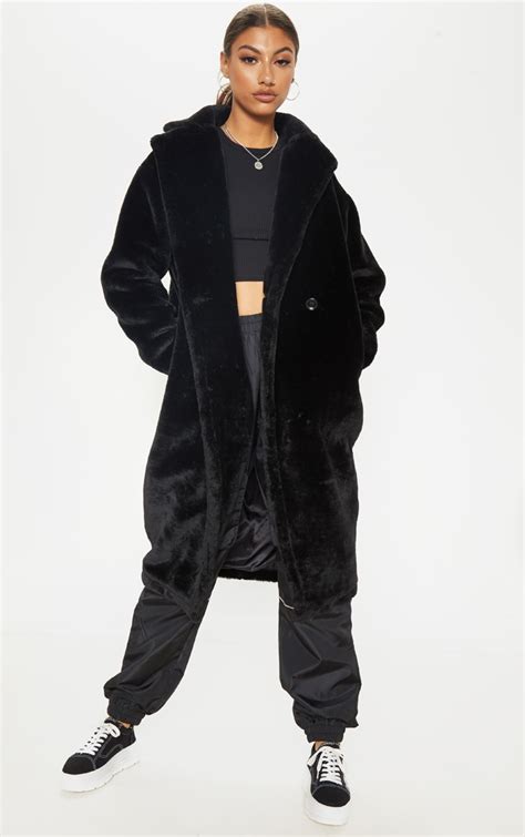 Tall Black Faux Fur Long Line Coat Tall Prettylittlething Ca
