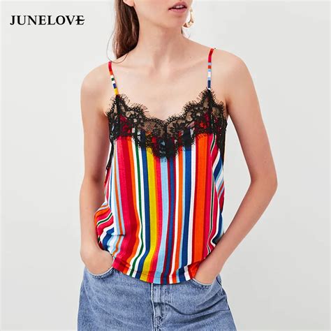 Junelove 2019 Summer Women Sexy Lace Patch Work Striped Print Camis Casual Ladies Strapless