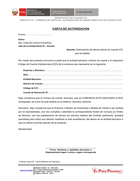 Anexo N 05 Formato De Carta De Autorizacion De Abono Directivo En