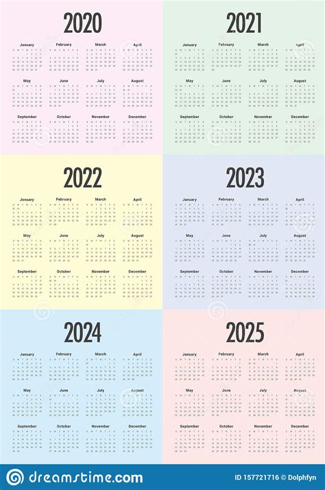 Year 2020 2021 2022 2023 2024 2025 Calendar Vector Design