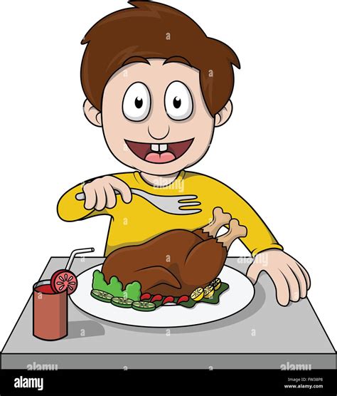 Boy Eat Roasted Chicken Cartoon Stock Vector Art And Illustration Vector