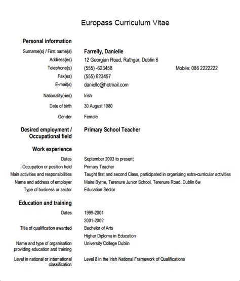Free 6 Sample Europass Curriculum Vitae Templates In Pdf Ms Word