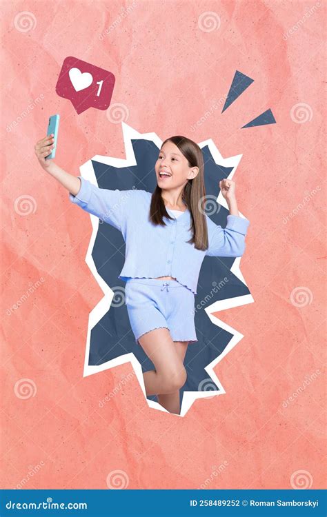 Vertical Collage Picture Of Excited Delighted Girl Make Selfie Raise Fist Success Like