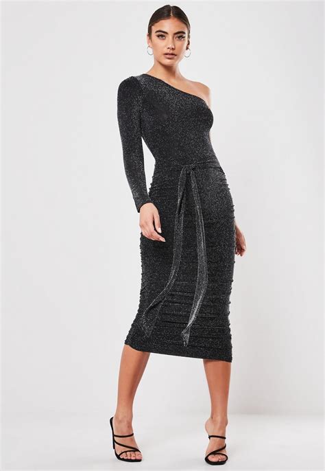 Black Glitter One Shoulder Slinky Bodycon Ruched Midi Dress Ruched