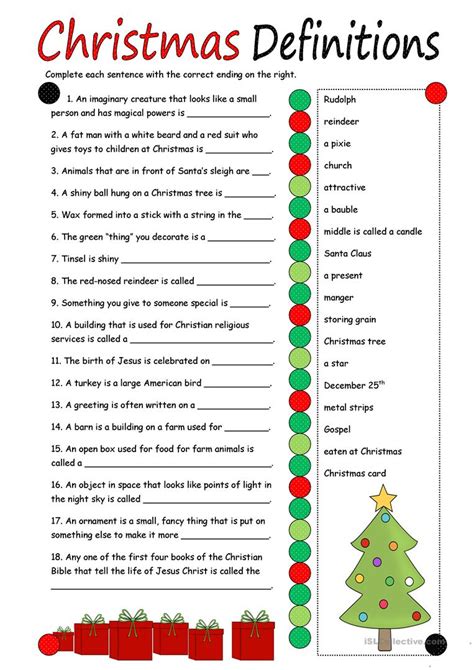 To get your students in the spirit, we have created 5 christmas worksheets for children. Christmas Definitions (key included) - English ESL Worksheets for distance learning and physical ...