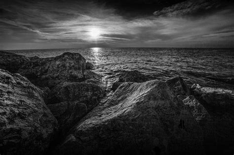 Ottawa Beach Sunset In Black And White From The Channel Rocks