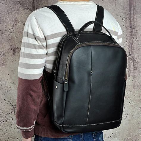 Genuine Leather Mens Cool Black Backpack For School Travel Bag Hiking