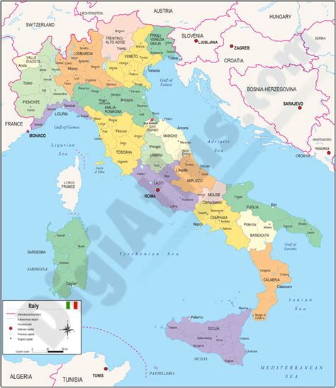 Una provincia está compuesta por varios municipios (comuni), y normalmente varias provincias forman una región (a excepción de la región del valle de aosta, que no tiene ninguna). Mapa de italia