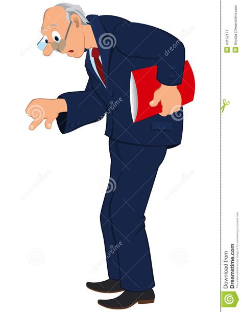 Cartoon Old Man In Blue Jacket And Tie Looking Down Stock Vector