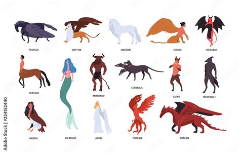 Collection Of Various Magical Mythical Creatures Isolated On White