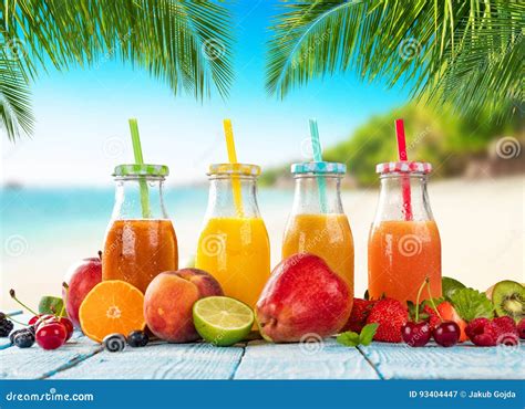 fresh smoothie drinks placed on wooden planks blur beach on background stock image image of