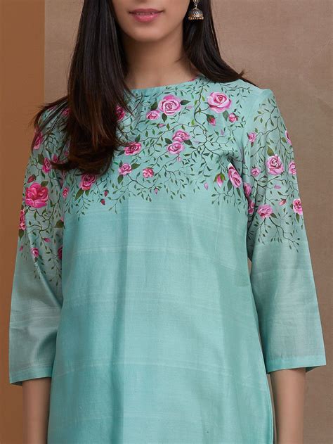 Mint Green Hand Painted Chanderi Kurta Embroidery Suits Design