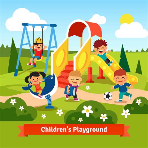 Kids Playing On Playground Swinging And Sliding Stock Vector Image
