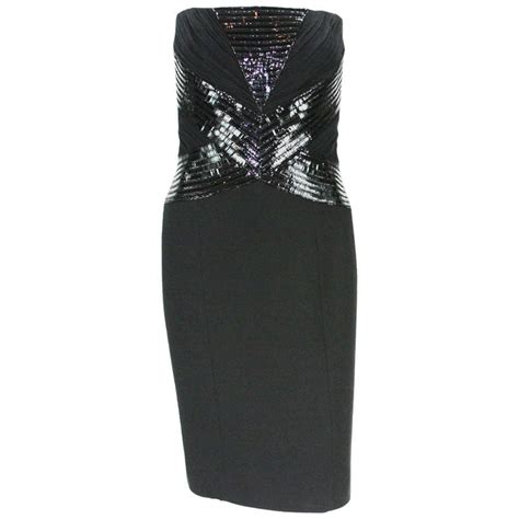 New Versace Patent Leather Embellished Silk Black Cocktail Strapless Dress 40 For Sale At