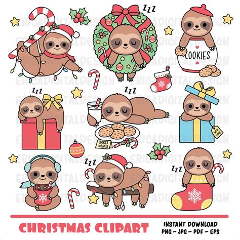 Christmas Kawaii Clipart Cute Sloths Digital Clipart Funny Etsy