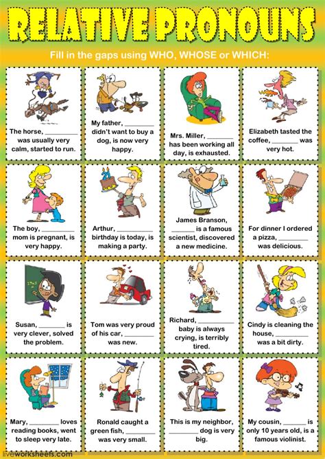 Relative Pronouns (who, whose or which) - Interactive worksheet