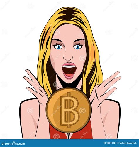 Bitcoin Girl Emotion Of Joy Bitcoin Conceptual Vector Illustration
