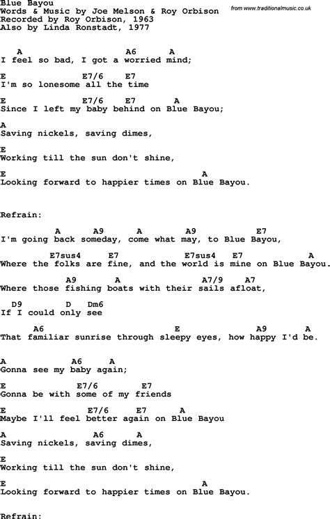 Song Lyrics With Guitar Chords For Blue Bayou Roy Orbison 1963