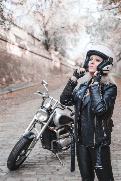 Beautiful Biker Woman Outdoor With Motorcycle Stock Image Image Of
