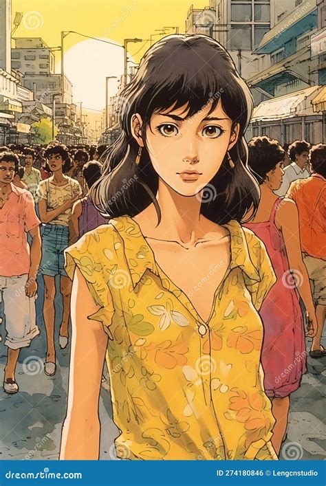 dark hair woman in urban full of people in the street pop style japanese retro anime for