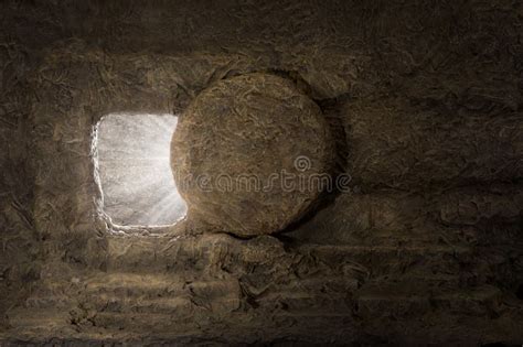 Piedra Se Aleja De Tumba Vacía En La Mañana De Pascua Jesucristo