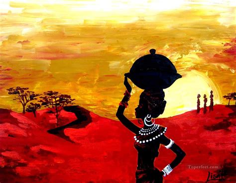 Black Woman With Jar In Sunset African Painting In Oil For Sale