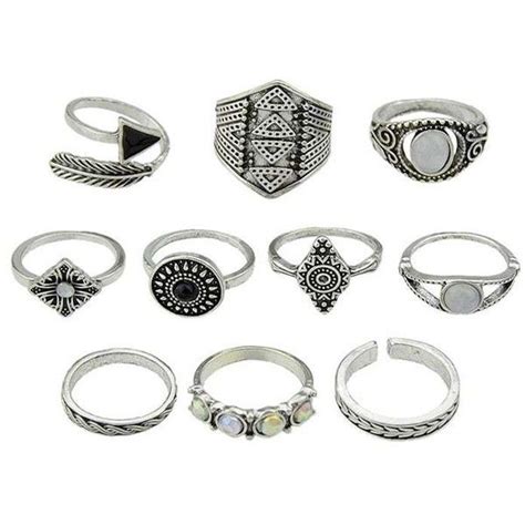 Silver One Size Retro Metal Rings Set Liked On Polyvore Featuring