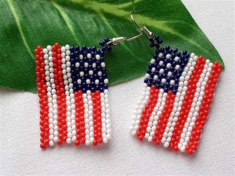 American Flag Beaded Earrings Us Patriotic Flag Seed Bead Etsy