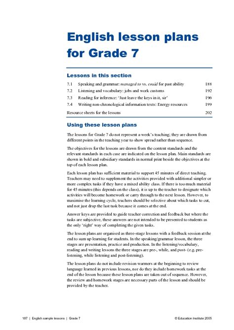 English Lesson Plans For Grade 7 Lesson Plan For 7th 8th Grade