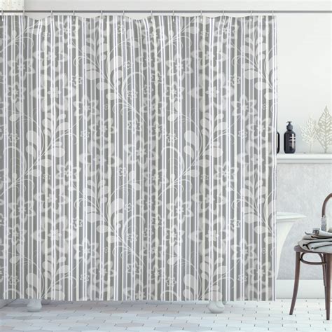 Grey And White Shower Curtain Floral Petals Branches And Leaves Faded