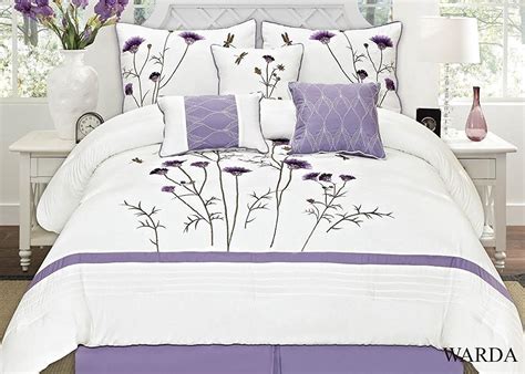 Golden Linens Lavendar Purple White Floral 7 Pcs Embroidery Comforter