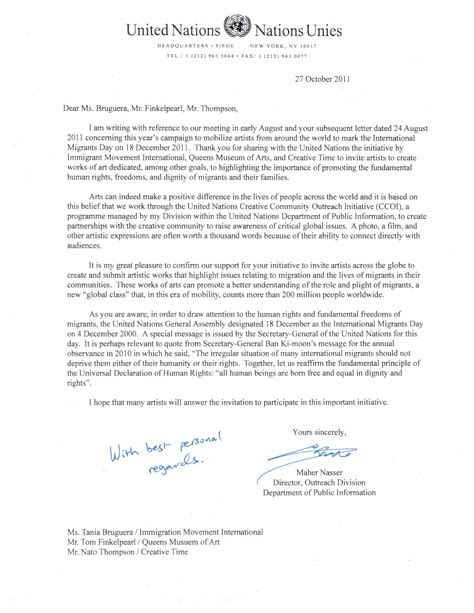 united nations official letter  support  dec