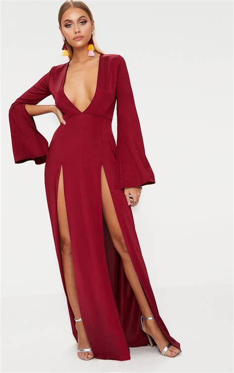 Burgundy Plunge Extreme Double Split Long Sleeve Maxi Dress Prettylittlething Usa