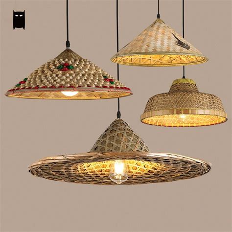 Bamboo Wicker Rattan Hat Pendant Light Fixture Rustic Asian Country Ceiling Lamp Soleilchat