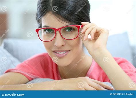 Closeup Of Beautiful Brunette With Glasses Stock Photo Image Of