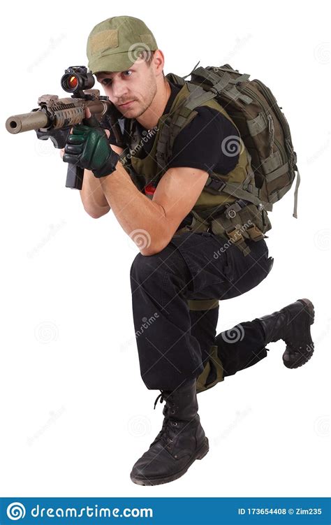 Private Military Contractor Rifleman With Assault Rifle Stock Photo